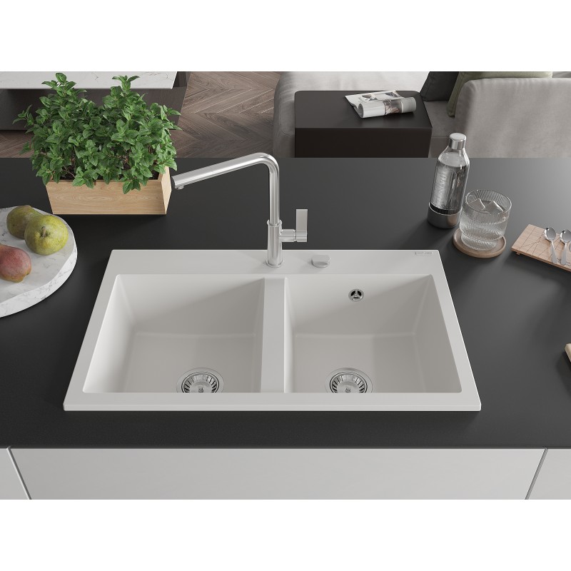 Mexen Hektor Granitspüle 2-Kammer 800 x 480 mm, weiß, Siphon chrom - 6521802000-20