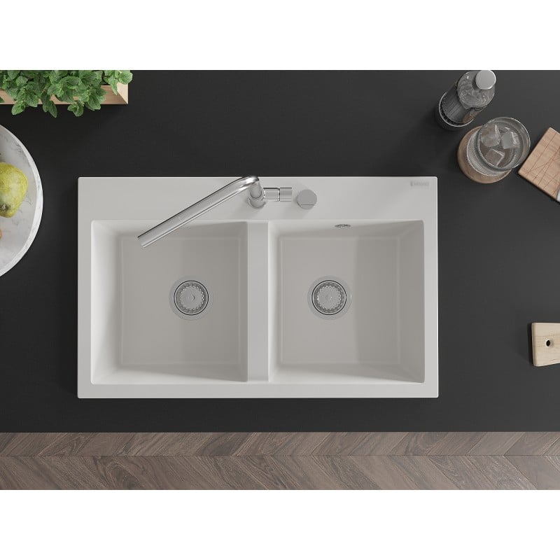 Mexen Hektor Granitspüle 2-Kammer 800 x 480 mm, weiß, Siphon chrom - 6521802000-20