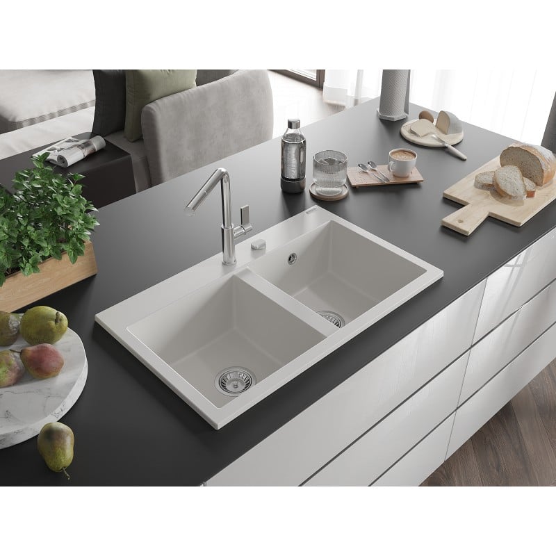 Mexen Hektor Granitspüle 2-Kammer 800 x 480 mm, weiß, Siphon chrom - 6521802000-20