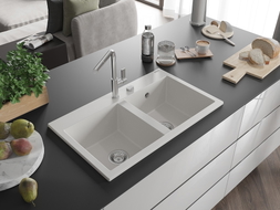 Mexen Hektor Granitspüle 2-Kammer 800 x 480 mm, weiß, Siphon chrom - 6521802000-20