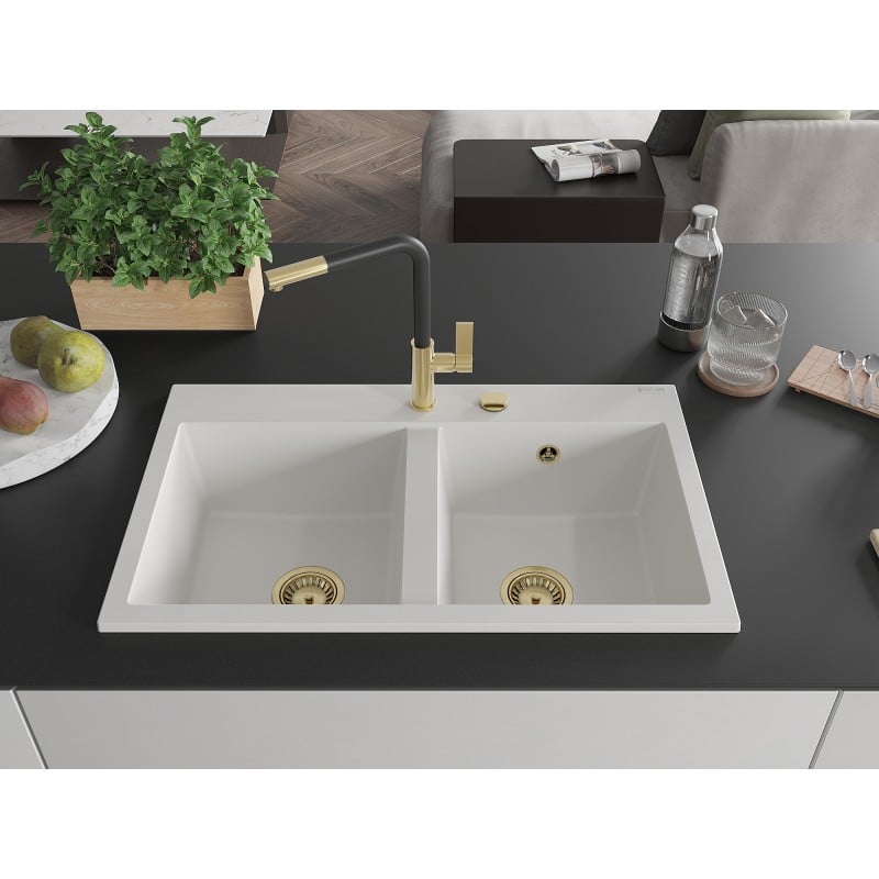 Mexen Hektor Granitspüle 2-beckig 800 x 480 mm, weiß, Siphon Gold - 6521802000-20-G