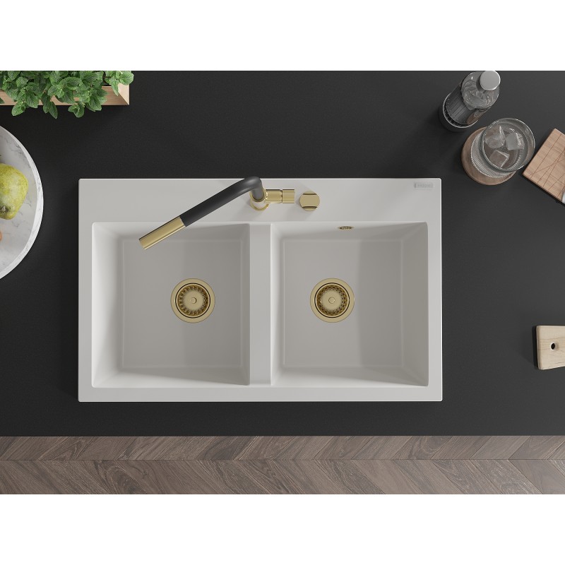 Mexen Hektor Granitspüle 2-beckig 800 x 480 mm, weiß, Siphon Gold - 6521802000-20-G