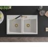 Mexen Hektor Granitspüle 2-beckig 800 x 480 mm, weiß, Siphon Gold - 6521802000-20-G
