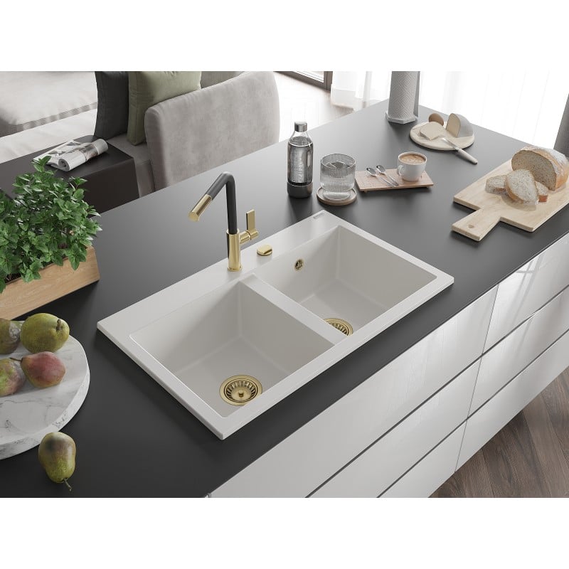Mexen Hektor Granitspüle 2-beckig 800 x 480 mm, weiß, Siphon Gold - 6521802000-20-G