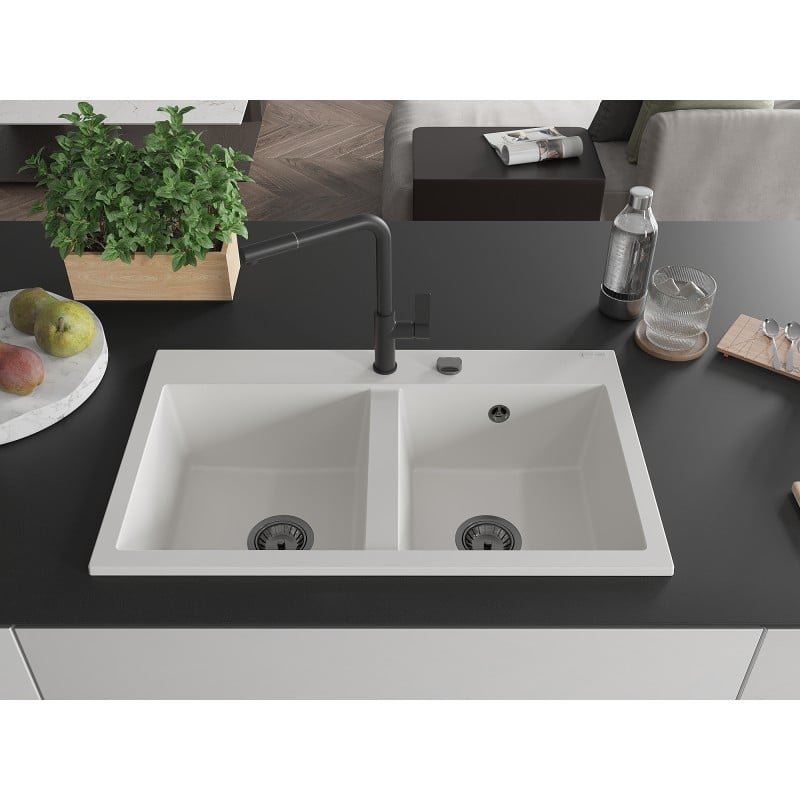 Mexen Hektor Granit-Spüle, 2-Kammer, 800 x 480 mm, weiß, schwarzer Siphon - 6521802000-20-B
