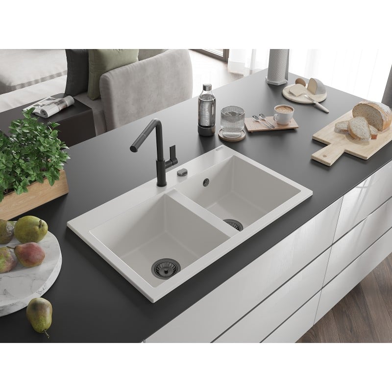 Mexen Hektor Granit-Spüle, 2-Kammer, 800 x 480 mm, weiß, schwarzer Siphon - 6521802000-20-B