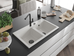 Mexen Hektor Granit-Spüle, 2-Kammer, 800 x 480 mm, weiß, schwarzer Siphon - 6521802000-20-B