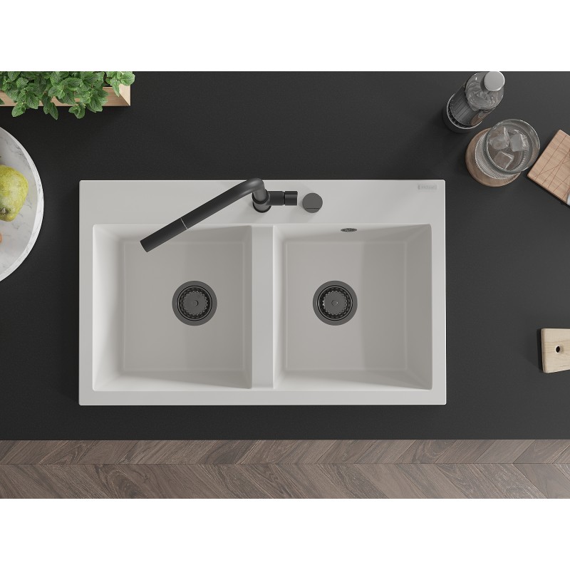 Mexen Hektor Granit-Spüle, 2-Kammer, 800 x 480 mm, weiß, schwarzer Siphon - 6521802000-20-B