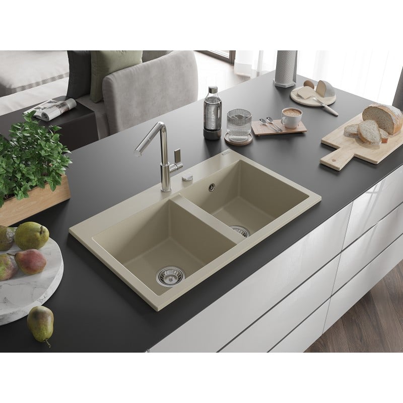 Mexen Hektor Granitspüle 2-beckig 800 x 480 mm, beige, Chrom-Siphon - 6521802000-69