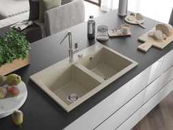 Mexen Hektor Granitspüle 2-beckig 800 x 480 mm, beige, Chrom-Siphon - 6521802000-69