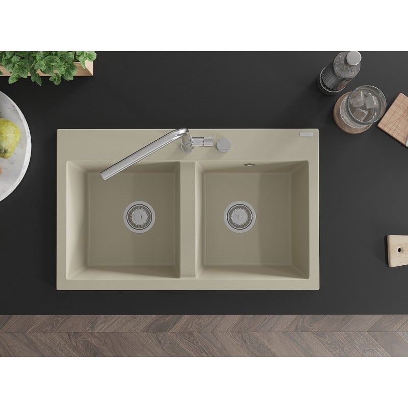 Mexen Hektor Granitspüle 2-beckig 800 x 480 mm, beige, Chrom-Siphon - 6521802000-69