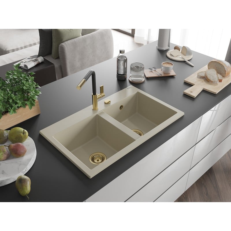 Mexen Hektor Granitspüle 2-Becken 800 x 480 mm, beige, Siphon gold - 6521802000-69-G