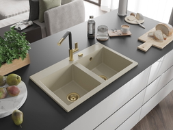 Mexen Hektor Granitspüle 2-Becken 800 x 480 mm, beige, Siphon gold - 6521802000-69-G
