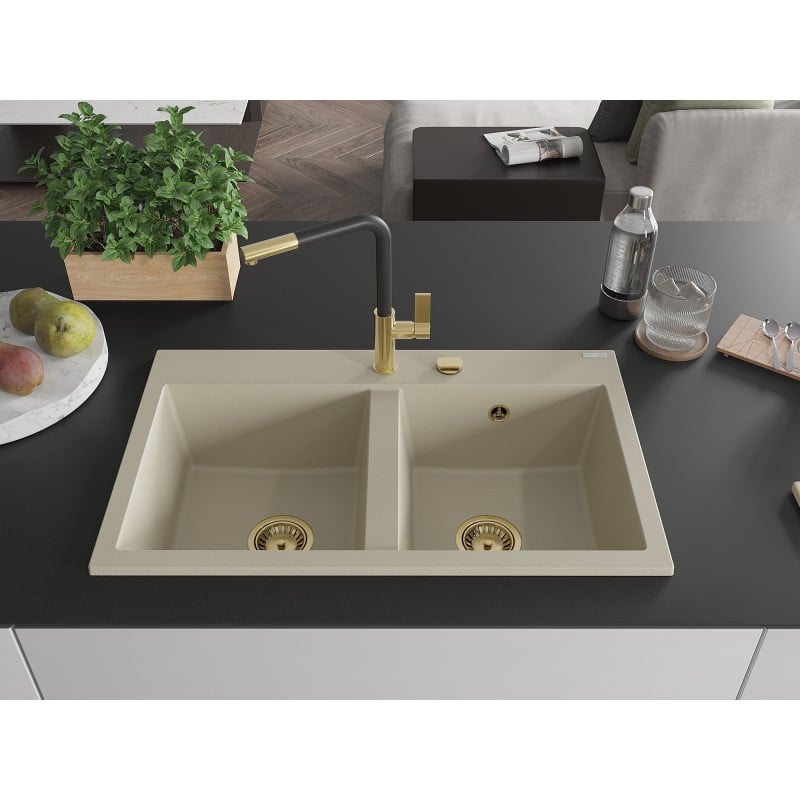Mexen Hektor Granitspüle 2-Becken 800 x 480 mm, beige, Siphon gold - 6521802000-69-G