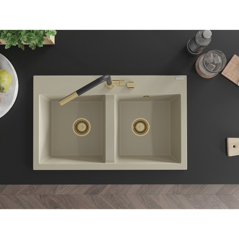 Mexen Hektor Granitspüle 2-Becken 800 x 480 mm, beige, Siphon gold - 6521802000-69-G