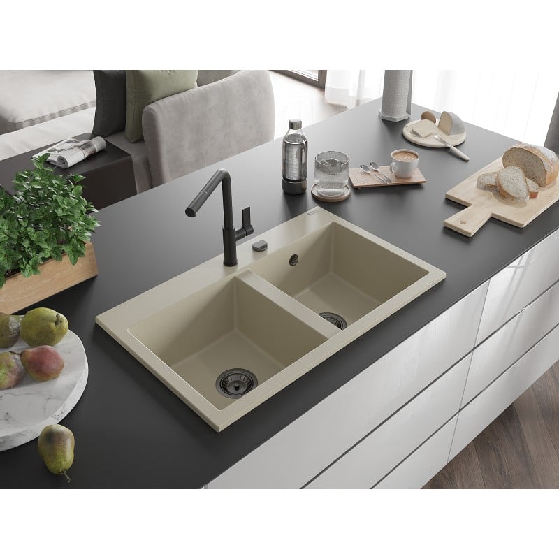 Mexen Hektor Granitspüle 2-Becken 800 x 480 mm, beige, schwarzer Siphon - 6521802000-69-B