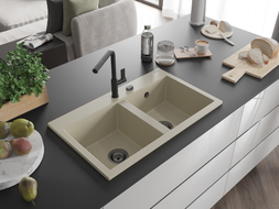 Mexen Hektor Granitspüle 2-Becken 800 x 480 mm, beige, schwarzer Siphon - 6521802000-69-B