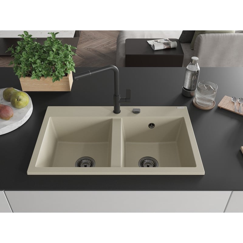 Mexen Hektor Granitspüle 2-Becken 800 x 480 mm, beige, schwarzer Siphon - 6521802000-69-B
