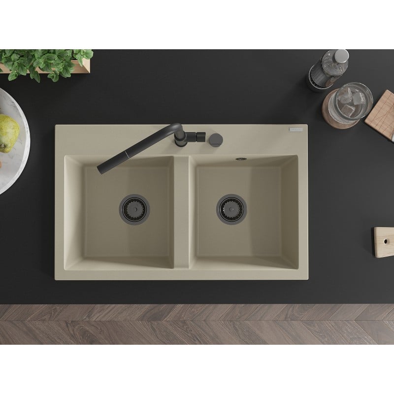 Mexen Hektor Granitspüle 2-Becken 800 x 480 mm, beige, schwarzer Siphon - 6521802000-69-B