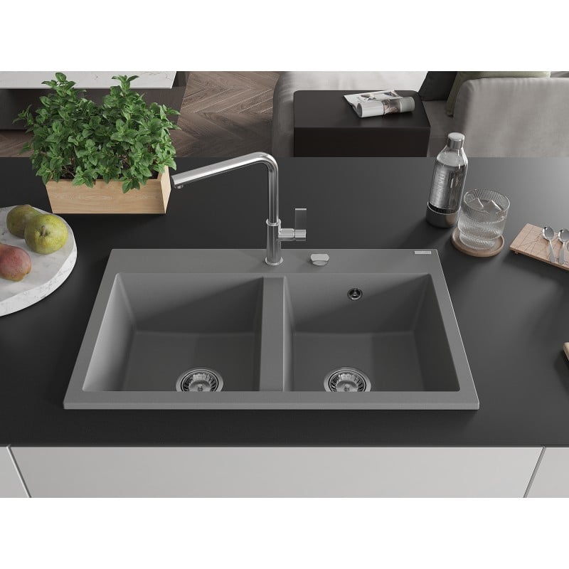 Mexen Hektor Granitspüle 2-Kammer 800 x 480 mm, grau, Chrom-Siphon - 6521802000-71