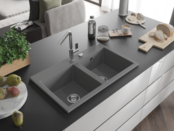Mexen Hektor Granitspüle 2-Kammer 800 x 480 mm, grau, Chrom-Siphon - 6521802000-71