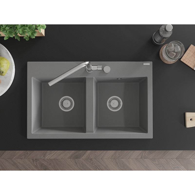 Mexen Hektor Granitspüle 2-Kammer 800 x 480 mm, grau, Chrom-Siphon - 6521802000-71