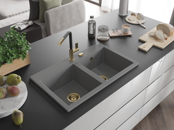 Mexen Hektor Granitspüle 2-Kammer 800 x 480 mm, grau, goldener Siphon - 6521802000-71-G