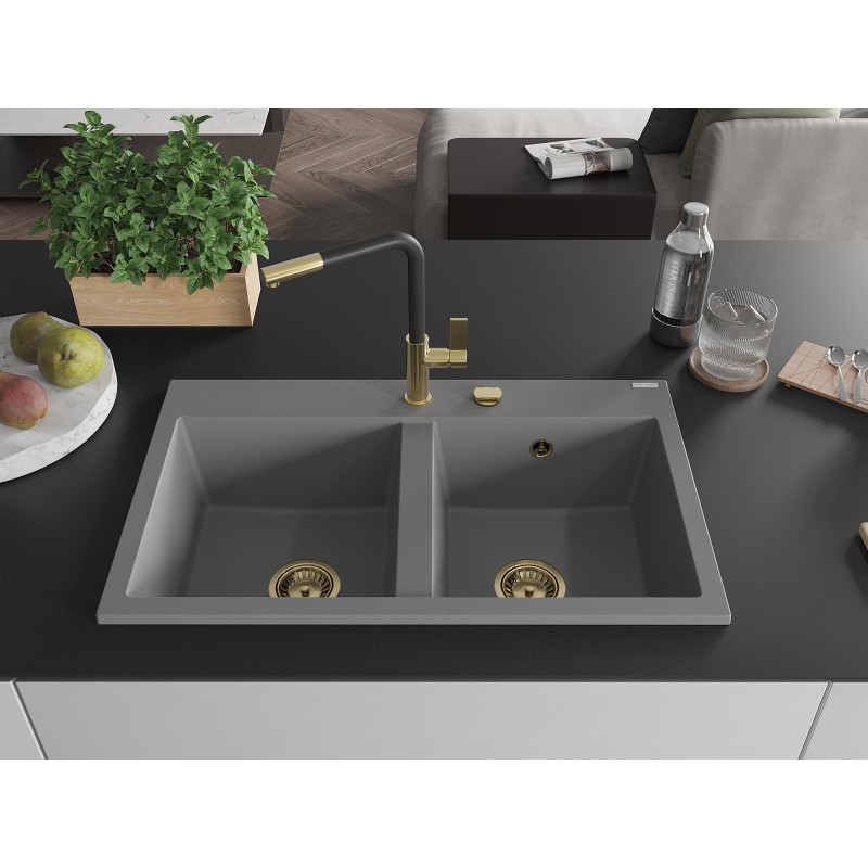Mexen Hektor Granitspüle 2-Kammer 800 x 480 mm, grau, goldener Siphon - 6521802000-71-G