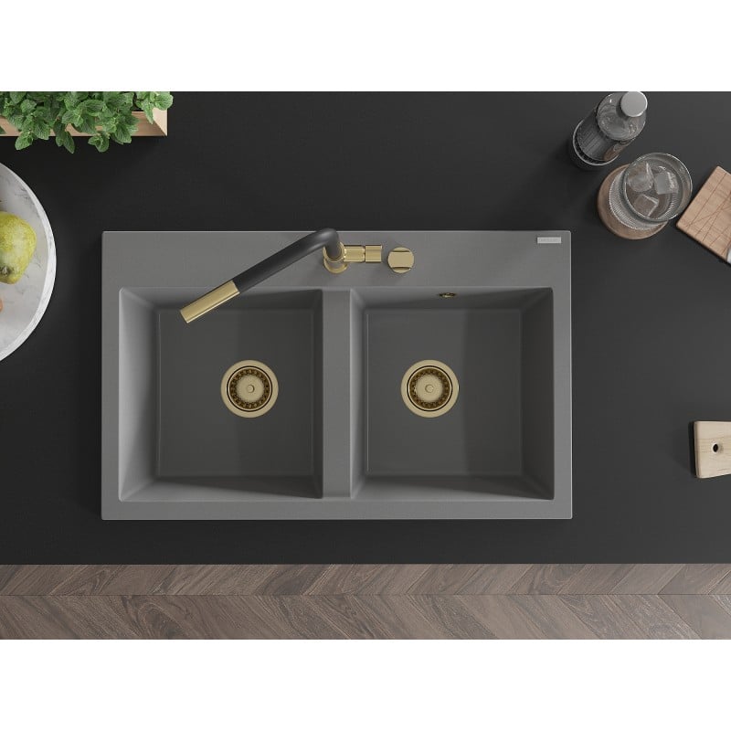 Mexen Hektor Granitspüle 2-Kammer 800 x 480 mm, grau, goldener Siphon - 6521802000-71-G