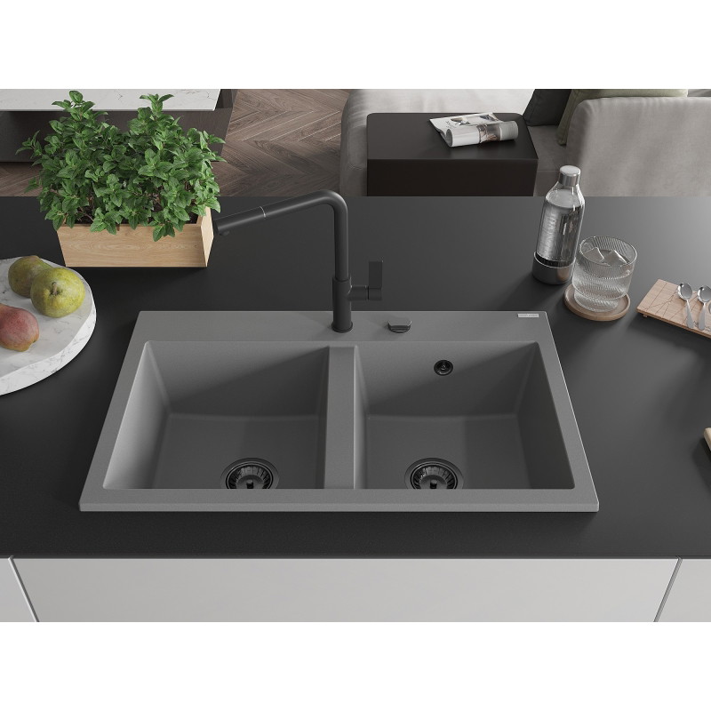Mexen Hektor Granitspüle 2-Becken 800 x 480 mm, grau, schwarzer Siphon - 6521802000-71-B