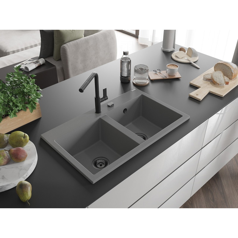 Mexen Hektor Granitspüle 2-Becken 800 x 480 mm, grau, schwarzer Siphon - 6521802000-71-B