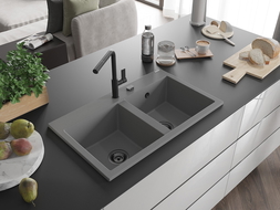 Mexen Hektor Granitspüle 2-Becken 800 x 480 mm, grau, schwarzer Siphon - 6521802000-71-B