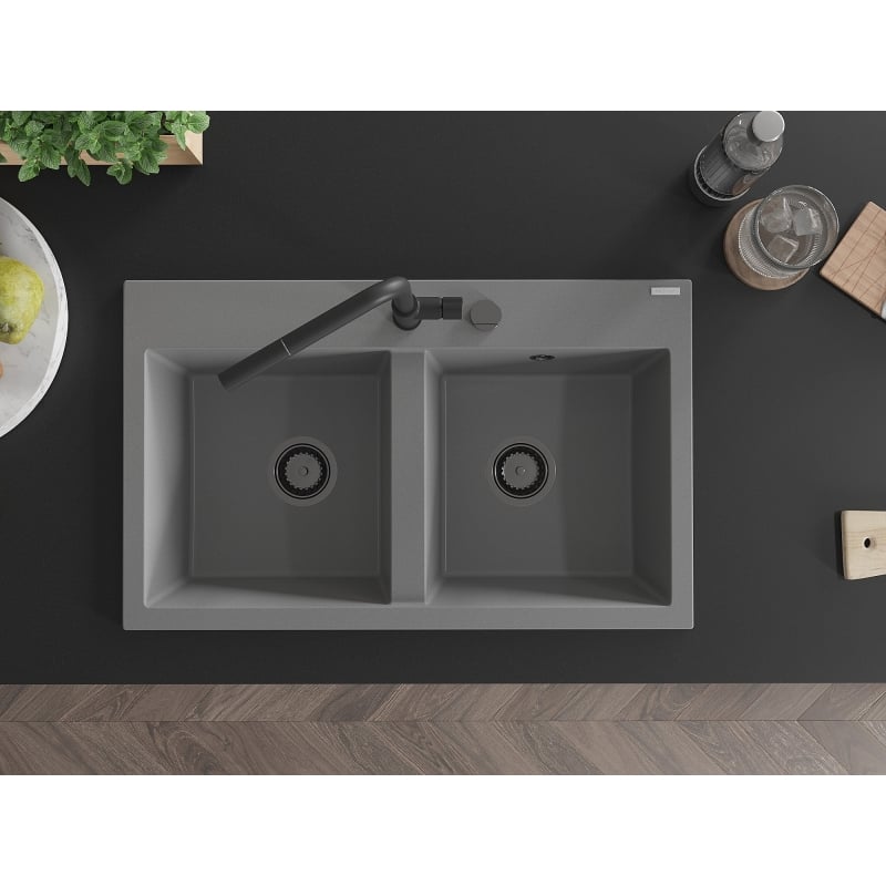 Mexen Hektor Granitspüle 2-Becken 800 x 480 mm, grau, schwarzer Siphon - 6521802000-71-B