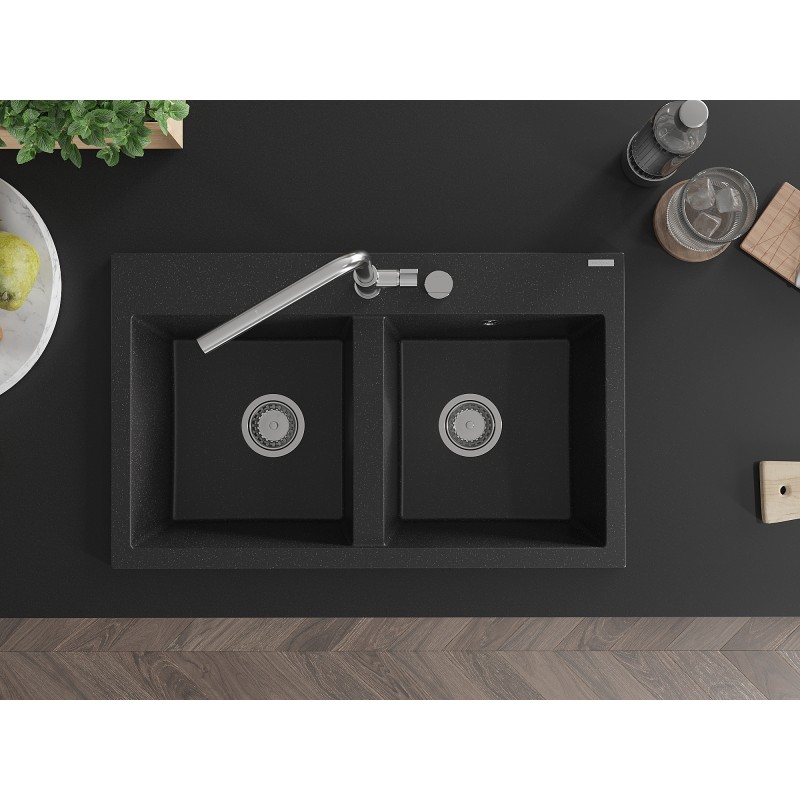 Mexen Hektor Granitspüle 2-Becken 800 x 480 mm, schwarz/silber metallic, Chrom-Siphon - 6521802000-73