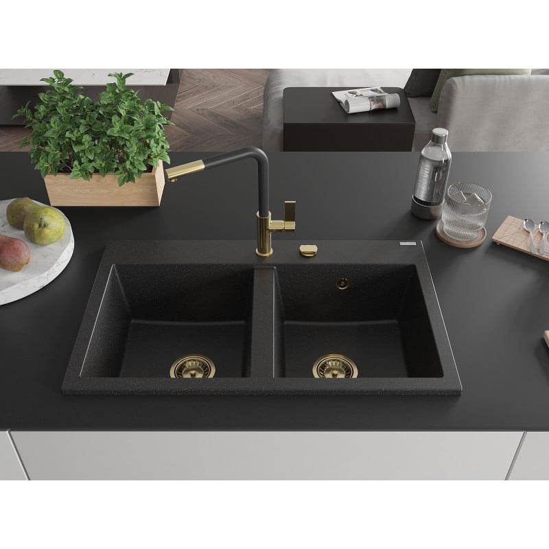 Mexen Hektor Granitspüle 2-Kammer 800 x 480 mm, Schwarz/Silber Metallic, Ablauf Gold - 6521802000-73-G