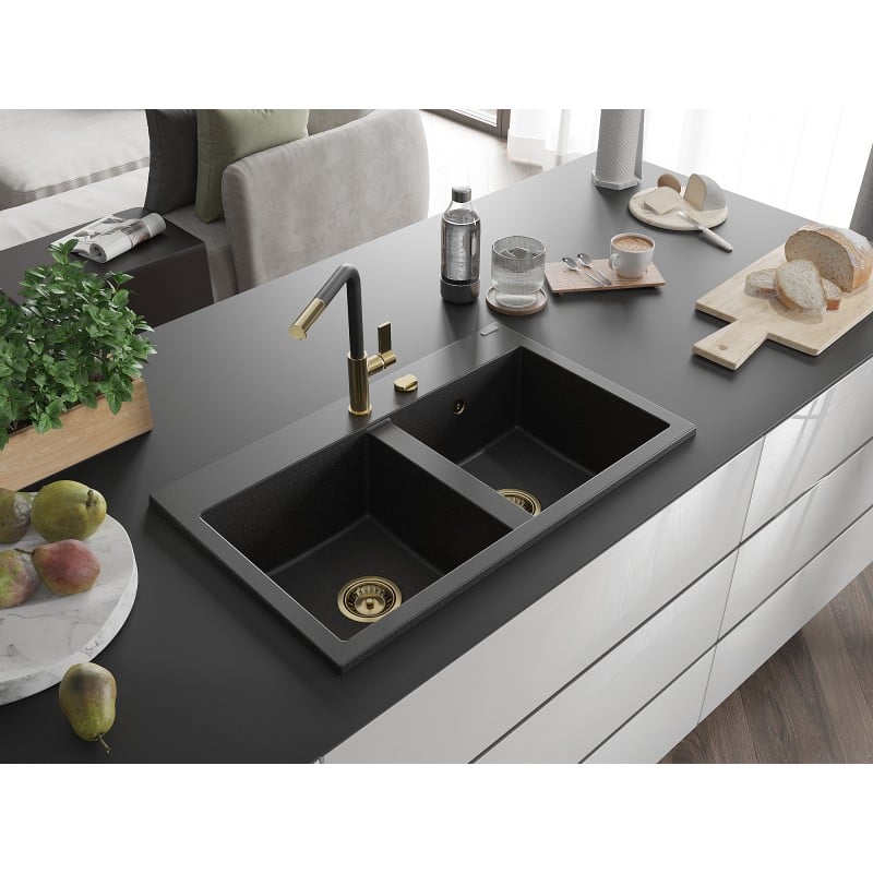 Mexen Hektor Granitspüle 2-Kammer 800 x 480 mm, Schwarz/Silber Metallic, Ablauf Gold - 6521802000-73-G