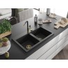 Mexen Hektor Granitspüle 2-Kammer 800 x 480 mm, Schwarz/Silber Metallic, Ablauf Gold - 6521802000-73-G