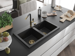 Mexen Hektor Granitspüle 2-Kammer 800 x 480 mm, Schwarz/Silber Metallic, Ablauf Gold - 6521802000-73-G