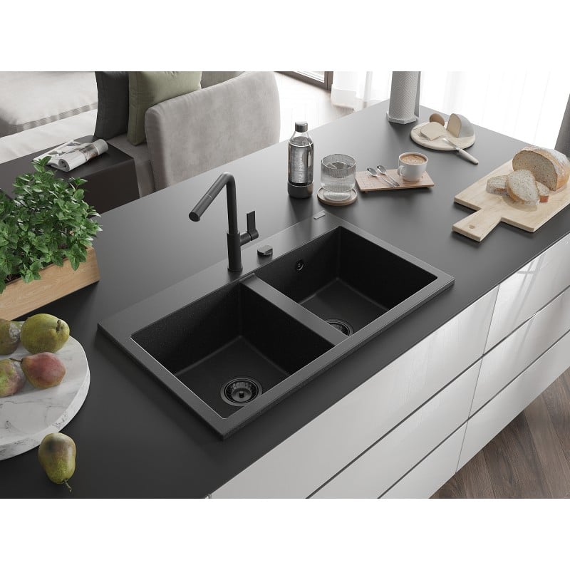 Mexen Hektor Granitspüle, 2-Kammer, 800 x 480 mm, schwarz/silber metallic, schwarzer Siphon - 6521802000-73-B