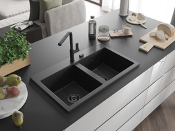 Mexen Hektor Granitspüle, 2-Kammer, 800 x 480 mm, schwarz/silber metallic, schwarzer Siphon - 6521802000-73-B