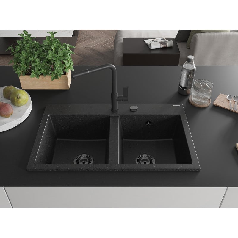 Mexen Hektor Granitspüle, 2-Kammer, 800 x 480 mm, schwarz/silber metallic, schwarzer Siphon - 6521802000-73-B