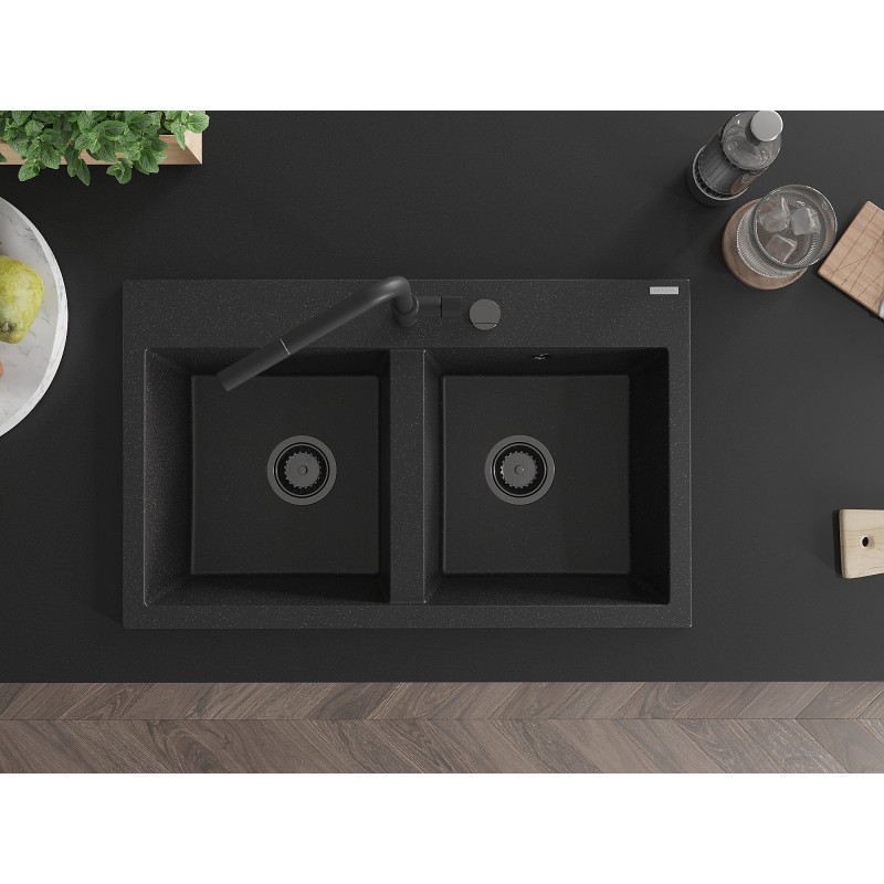 Mexen Hektor Granitspüle, 2-Kammer, 800 x 480 mm, schwarz/silber metallic, schwarzer Siphon - 6521802000-73-B