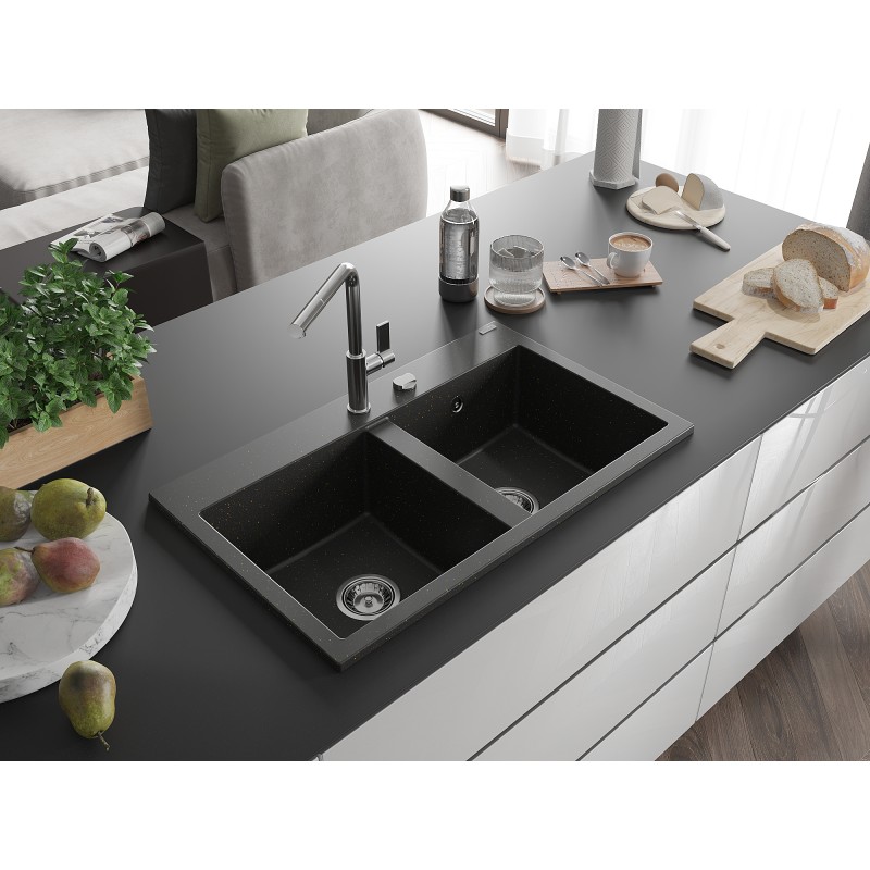 Mexen Hektor Granitspüle 2-Kammer 800 x 480 mm, schwarz/goldmetallisch, Siphon chrom - 6521802000-75