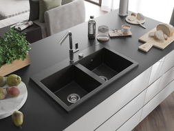 Mexen Hektor Granitspüle 2-Kammer 800 x 480 mm, schwarz/goldmetallisch, Siphon chrom - 6521802000-75