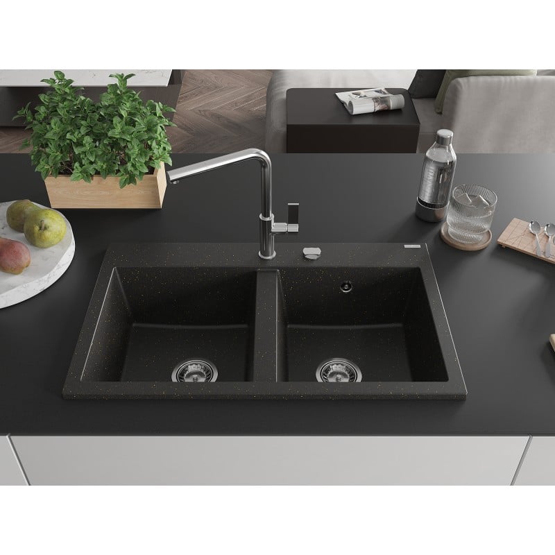Mexen Hektor Granitspüle 2-Kammer 800 x 480 mm, schwarz/goldmetallisch, Siphon chrom - 6521802000-75