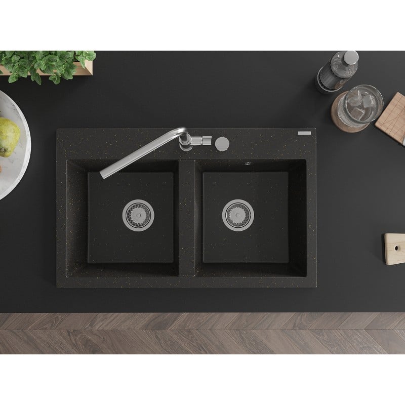 Mexen Hektor Granitspüle 2-Kammer 800 x 480 mm, schwarz/goldmetallisch, Siphon chrom - 6521802000-75