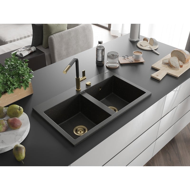 Mexen Hektor Granitspüle 2-Kammer 800 x 480 mm, Schwarz/Gold Metallic, Goldener Siphon - 6521802000-75-G