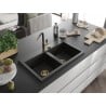 Mexen Hektor Granitspüle 2-Kammer 800 x 480 mm, Schwarz/Gold Metallic, Goldener Siphon - 6521802000-75-G