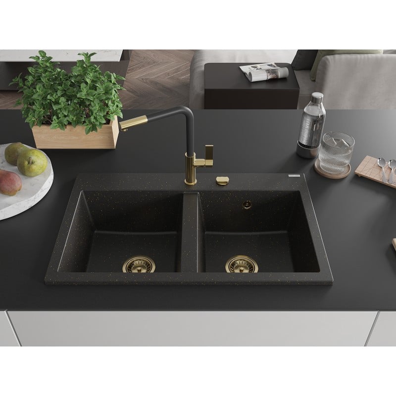 Mexen Hektor Granitspüle 2-Kammer 800 x 480 mm, Schwarz/Gold Metallic, Goldener Siphon - 6521802000-75-G