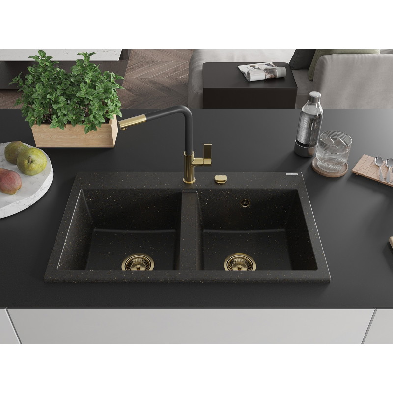 Mexen Hektor Granitspüle 2-kammerig 800 x 480 mm, schwarz/gold metallic, Siphon gold - 6521802000-75-G